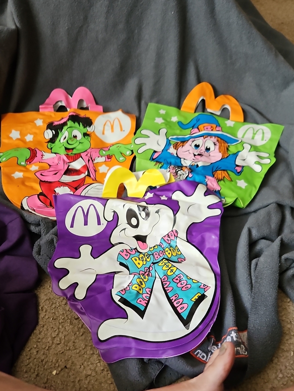 McDonalds 1990 Set Of 3 HALLOWEEN VINYL BAGS. Ghost, Frankenstein, Scarecrow Vtg